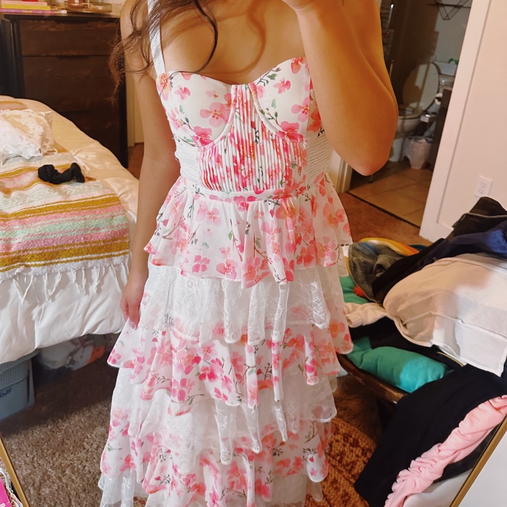 White and Pink Floral Tiered Maxi Dress